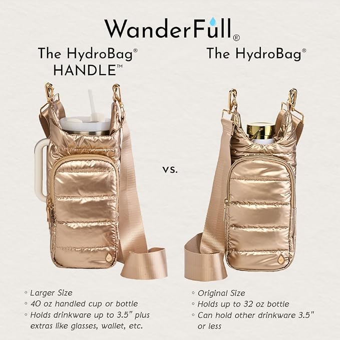 WanderFull Original HydroBag HANDLE®, Zipper for Handle, 40 oz Water Bottle Holder w/Strap, Crossbody Carrier Bag w/Phone Pocket, Tumbler Accessories - Gold Shiny w/Vegan Leather Trimmed Strap - Image 5