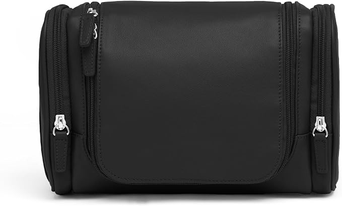 Leatherology Black Onyx Small Hanging Toiletry Kit – Compact Leather Travel Organizer with Interior Zip Pockets, Mesh Pouches & Hanger | Full-Grain Leather Toiletry Bag for Men & Women by Leatherology