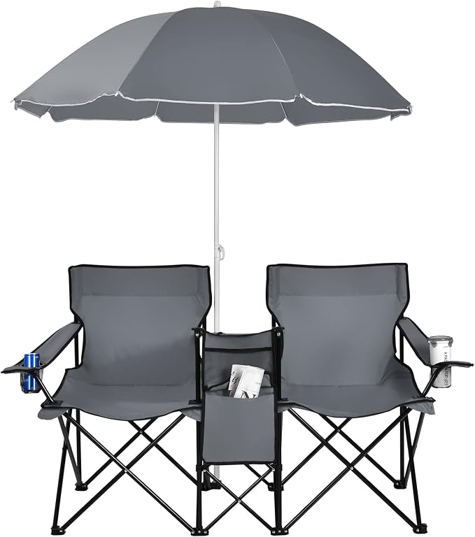 Goplus Double Camping Chair with Umbrella, Folding Loveseat Chairs w/Canopy Shade, Carrying Bag, Table, Cup Holder, Portable Beach Chairs Outdoor Picnic Patio (Grey) by Goplus