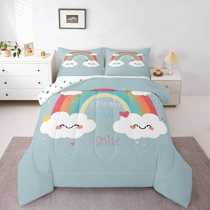 Girls Rainbow Comforter Set, Cartoon Blue Quilted Comforter Twin Size For Kids Boys Women Bedroom, Love Heart Bedding Set Kawaii Room Decor Rainbow Cloud Duvet Sets With 1 Pillow Case by Erosebridal