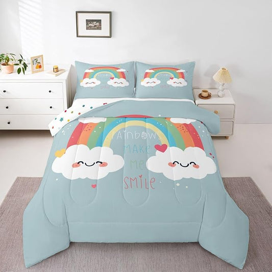 Girls Rainbow Comforter Set, Cartoon Blue Quilted Comforter Queen Size For Kids Boys Women Bedroom, Love Heart Bedding Set Kawaii Room Decor Rainbow Cloud Duvet Sets With 2 Pillow Cases by Erosebridal