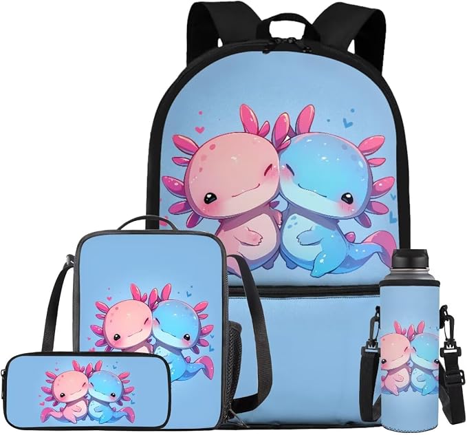 Axolotl Backpack for Girls Kids Backpack with Lunch Box Water Bottle Pouch and Kawaii Pencil Case 4PCS Set Bookbag with Front Pocket for School 17 inch Cute School Bag for Elementary Girls by ELEDIZI