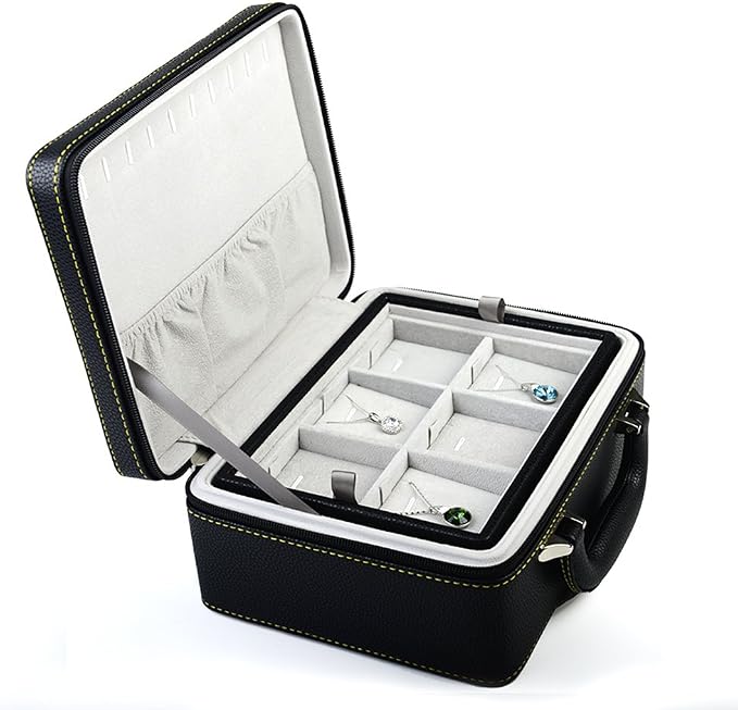 Oirlv Leather Jewelry Box Handmade Travel Jewelry Organizer Storage Case Holder For Girl Lady Earring,Ring,Necklace,Pendant,Watch,Bracelet(X010)Deep Black - Image 4