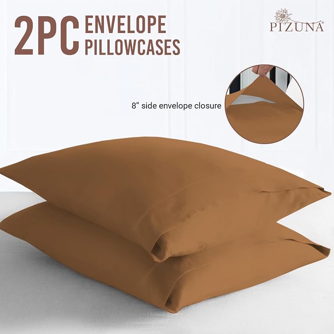 Pizuna Pure 100% Cotton Pillow Cases King Size Set of 2 Mocha Brown, Luxurious 400 Thread Count Long Staple Cotton Sateen with Envelope Closure (Combed Mocha Brown Cotton Pillow Cases King) - Image 3