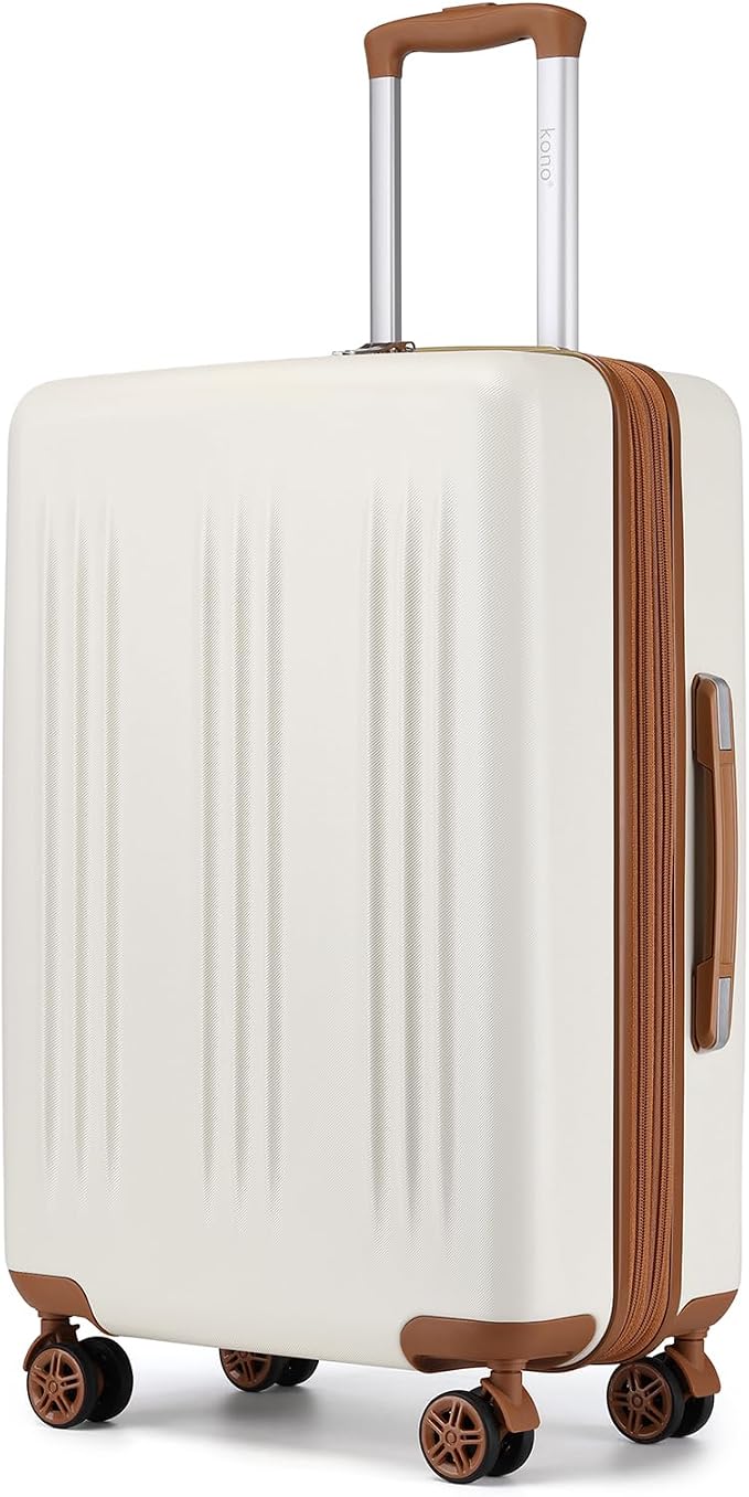 Kono Lightweight 24 Inch Expandable Luggage with Quiet Spinner Wheels TSA Lock, Scratch and Drop Resistant PC+ABS Hardside Durable Medium Checked Suitcase, Cream White & Brown by Kono