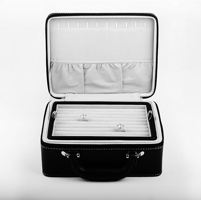 Oirlv Leather Jewelry Box Handmade Travel Jewelry Organizer Storage Case Holder For Girl Lady Earring,Ring,Necklace,Pendant,Watch,Bracelet(X010)Deep Black - Image 3