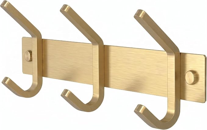 Brushed Gold Small Coat Rack Wall Mount – 9 Inch Stainless Steel Rail with 3 Double Coat Hooks for Entryway, Bathroom, Bedroom, Kitchen – Modern Gold Hook Rack for Coats, Hats, Towels by SAYONEYES