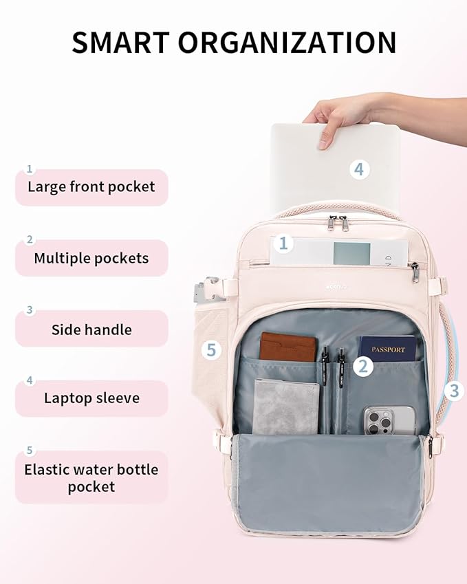 ECOHUB Travel Backpack for Women, 18x14x8 Frontier Airlines Personal Item Bag with Clear Toiletry Bag, Laptop Carry on Backpack with USB Port, Airline Approved Under Seat 14 Pockets 30L, Beige - Image 5