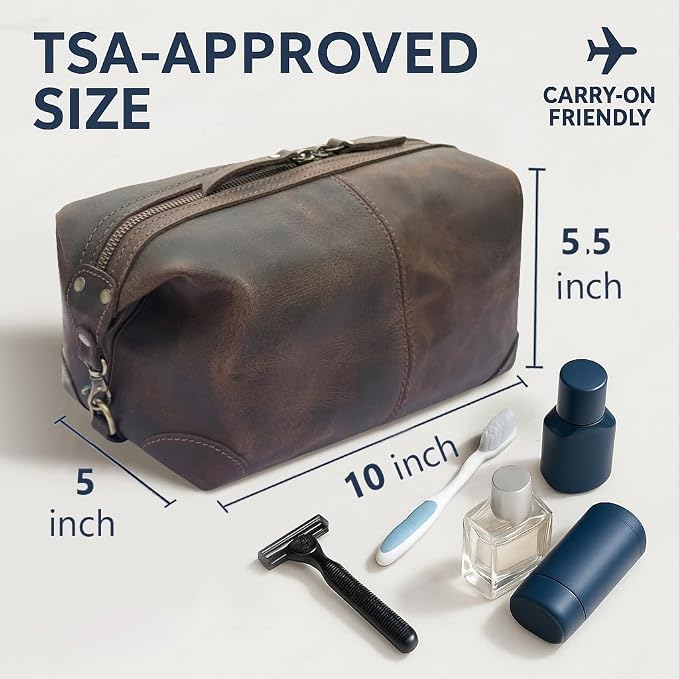 RUSTIC TOWN Full Grain Leather Toiletry Bag for Men & Women – Handcrafted Travel Dopp Kit – Large Water-Resistant Makeup & Shaving Organizer, Hunter Brown - Image 3