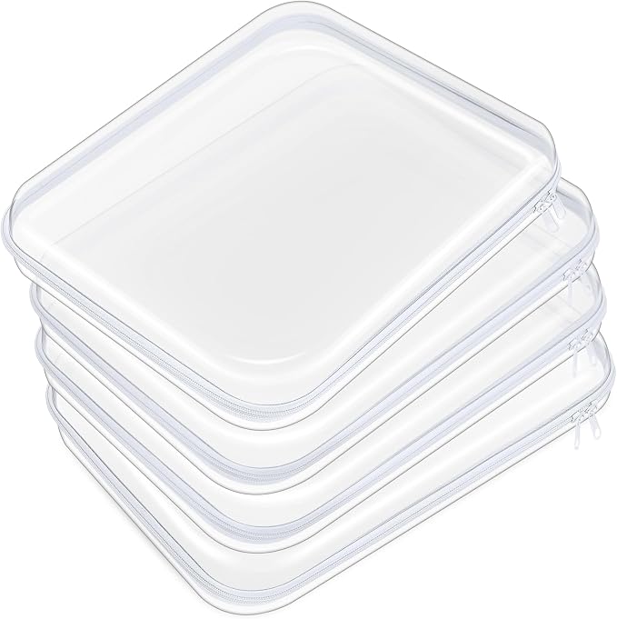 Hoolerry 4 Pcs Hard Clear Zipper Case Makeup Bags Plastic Zipper Pouch Transparent Storage Box Containers for Cosmetics, Snacks, Building Blocks, Puzzles(Clear,13.8 x 11.8 x 2 in,White) by Hoolerry