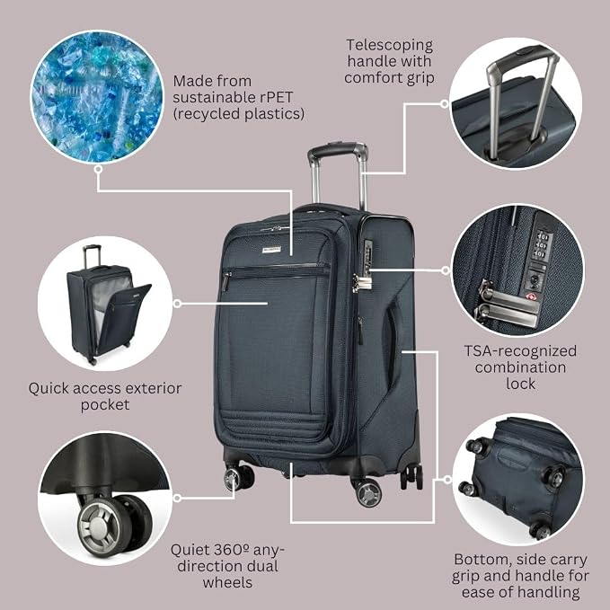 Ricardo Beverly Hills Avalon Softside Luggage Made with Sustainable 100% Recycled PET (rPET), Lightweight, Eco-Friendly Travel, Expandable, Dual Spinner Wheels, Storm Blue, 20-inch - Image 3