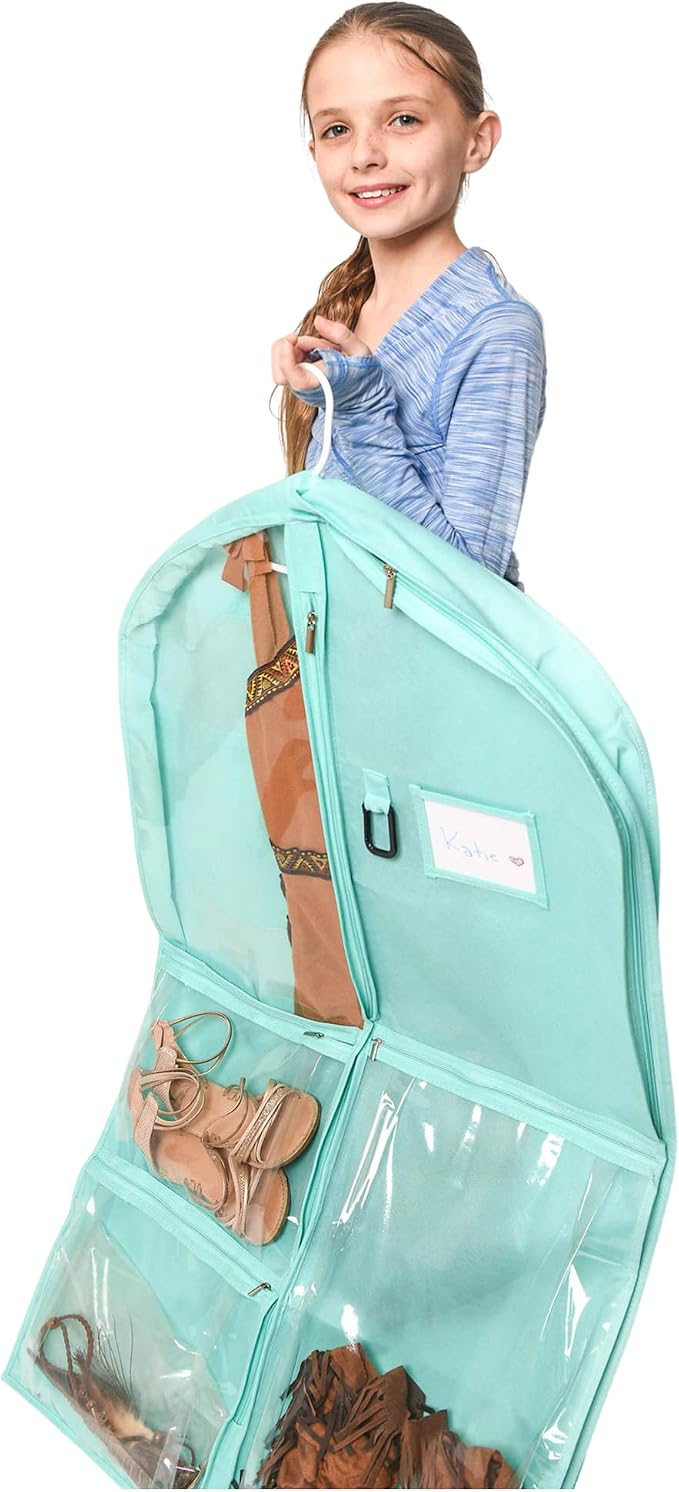 Waterproof Hanging Garment Bag 40 inch Clothes Bag with Gusset, 5 Pockets & Side Zip for Dance Costumes, Sports, Skating, Theatre, Beauty Pageants & More by Kendall Country, Sea Foam Green - Image 4