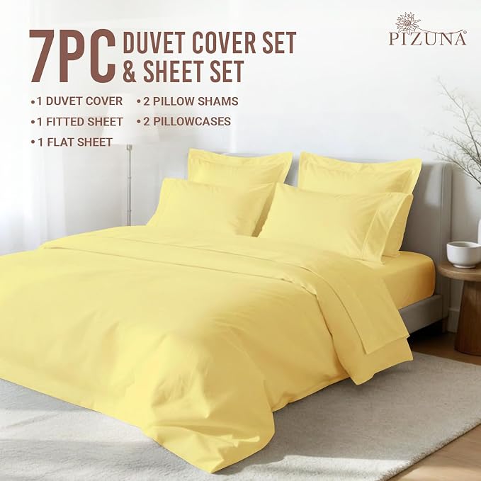 Pizuna Pure 100% Long-Staple Cotton Duvet Cover + Sheet Set Queen, Luxurious 400 Thread Count Long Staple Cotton, Soft Sateen Weave Bedding Set (Mellow Yellow) - Image 3