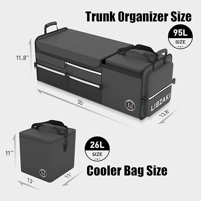 LIBZAKI Oversize 4 in 1 Car Trunk Storage Organizer, Multi Compartment Collapsible Trunk Storage Box with Cooler Bag for Car Truck SUV-Black - Image 6