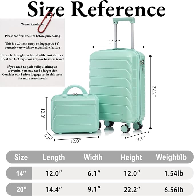 2-Piece ABS Hard Shell Lightweight Carry-On Luggage Set (14" & 20"), 360-Degree Spinner Wheels, Adjustable Telescopic Handle and Combination Lock for Travel, Mint Green - Image 6