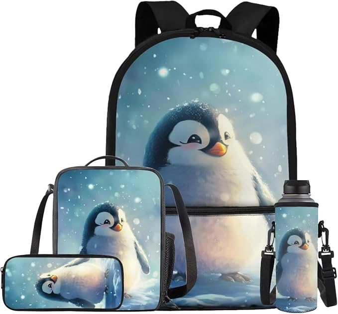 Penguin Backpack for Girls Kids Backpack with Lunch Box Water Bottle Holder with Strap and Soft Pencil Case 4PCS Set Cute Bookbag with Front Pocket 17 inch Large Capacity School Bag for Boys by ELEDIZI