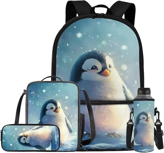 Penguin Backpack for Girls Kids Backpack with Lunch Box Water Bottle Holder with Strap and Soft Pencil Case 4PCS Set Cute Bookbag with Front Pocket 17 inch Large Capacity School Bag for Boys by ELEDIZI