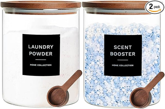 Glass Laundry Storage Containers with Acacia Lids and Scoops, 2 Pack Laundry Room Organization Jars with Labels, Powder Detergent Organizer and Laundry Pod Holder, Glass Laundry Beads Canisters Set by KSOKIMER