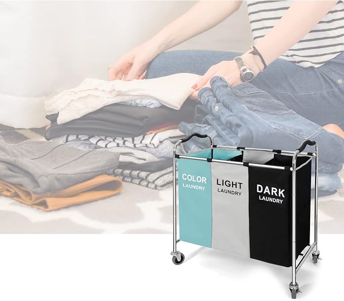 Laundry Basket, Large Laundry Hamper with Wheels, 3 Section Laundry Bag Organizer for Dirty Clothes; Dorm Room Essentials, Towel & Toys Storage Laundry Cart in Laundry Room Organization (Green) - Image 4