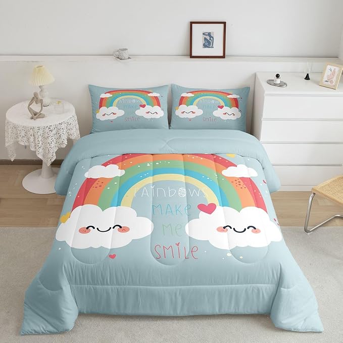 Girls Rainbow Comforter Set, Cartoon Blue Quilted Comforter Twin Size For Kids Boys Women Bedroom, Love Heart Bedding Set Kawaii Room Decor Rainbow Cloud Duvet Sets With 1 Pillow Case - Image 2