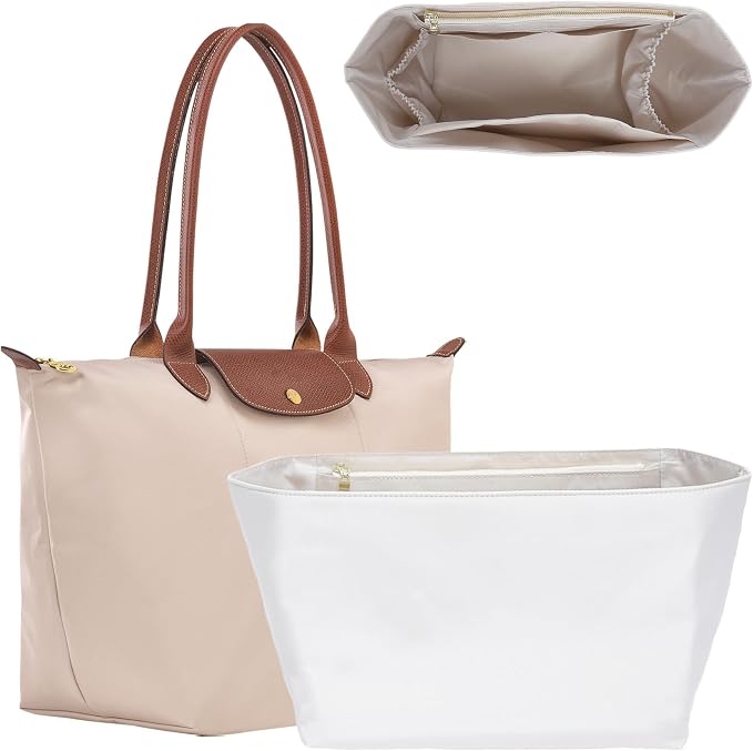 Soft Nylon Purse Organizer Insert for Longchamp Le Pliage L Tote Bag,Lightweight Luxury Long Champ Large Tote Divider Shaper with Cup Holder,Zipper Bags Inner Linner with 7 Deepened Pockets,L/Beige by OAIKOR