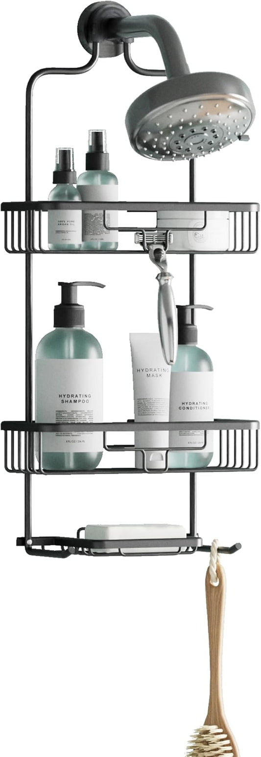 Zenna Home Rustproof Hanging Shower Caddy, Over the Shower Head Caddy with 2 Shelves and Built In Hooks, Aluminum Bathroom Hanging Organizer, Black by ZennaHome