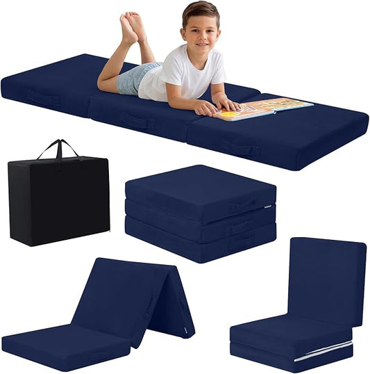 MeMoreCool Foldable Floor Mattress for Kids Trifold, 75x25 Inch Navy | Trifold futon floor mattress for playroom, reading nook and travel, washable by MeMoreCool