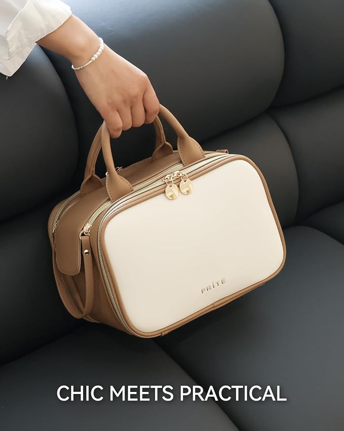 Prite Travel Makeup Bag Women’s Large Capacity Waterproof Cosmetic Organizer Portable Open Flat Toiletry Case with Free-standing Brush Holder and Handle(Beige Brown Medium) - Image 7