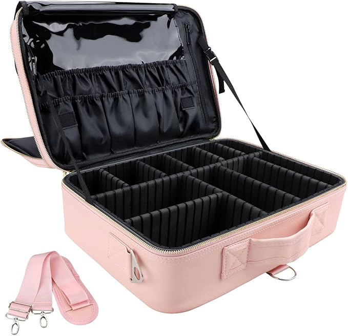 Travel Makeup Train Case,Large Capacity Cosmetic Bags for Women,Portable Makeup Bag Organizer with Adjustable Dividers & Shoulder Strap(Pink, L) by JOURMON