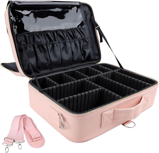 Travel Makeup Train Case,Large Capacity Cosmetic Bags for Women,Portable Makeup Bag Organizer with Adjustable Dividers & Shoulder Strap(Pink, L) by JOURMON
