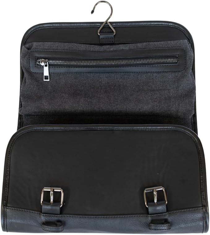 Vetelli Leather Toiletry Bag for Men - Water Resistant, 2 Zippered Internal Pockets, 2 Snap-Fastened Internal Pockets, and Hanging Hook. (Black) - Image 2