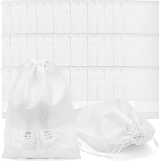 Shappy 50 Pcs White Travel Shoe Bags Non Woven Packing Drawstring Sacks Clear Window Large Storage Pouch Organizer for Men Women by Shappy