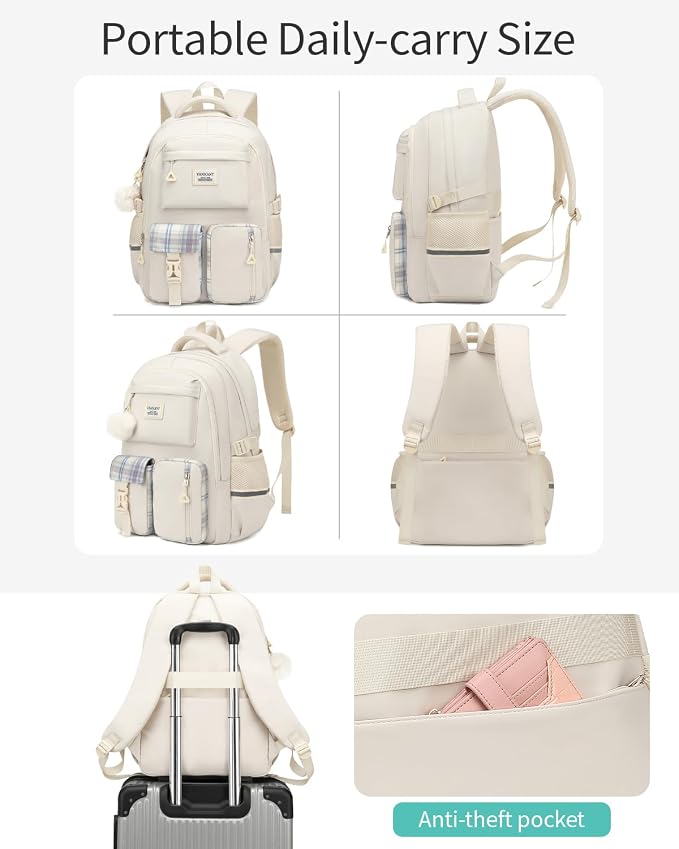 School Backpack for Teen Girls, Big Student Laptop Backpack Aesthetic Bookbags for College Women Elementary Middle High School Travel Mochilas Escolares, Beige - Image 5
