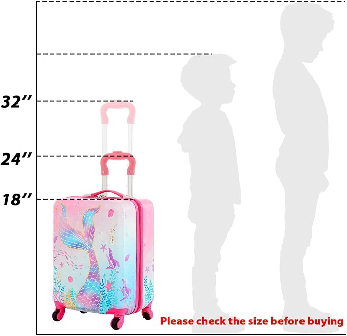 Sanwuta 4 Pcs Kids Luggage Set Back to School Gifts for Girls Boys Carry On Rolling Suitcase Backpack Neck Pillow Travel Set(17 Inch,Mermaid's Tail Style,Blue Purple) - Image 5
