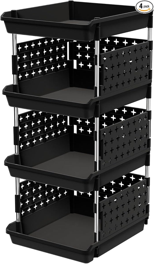 Lifewit Plastic Stackable Storage Baskets, 4 Tier Stacking Bins for Food and Clothes, Multifunctional Organizer for RV, Kitchen, Playroom, Pantry, Black, 35 x 30 x 72 cm/14 x 12 x 28 inch, 1 Pack by Lifewit