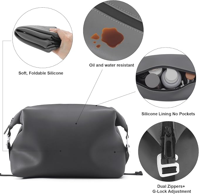 Vomgomfom 6L 13 Inch Silicone Toiletry Bag, Waterproof Leakproof Travel Cosmetic Organizer, Adjustable G-Buckle Compression Dopp Kit, Foldable Makeup Bag for Women & Men (Grey, 13" 6L) - Image 6