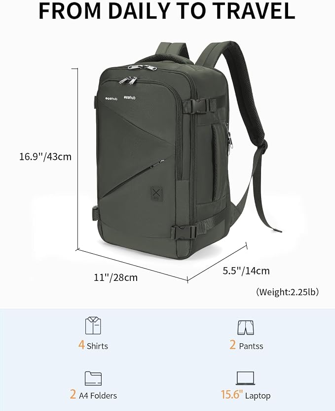 ECOHUB 17" Small Unisex Travel Backpack United Airlines Approved 17x10x9 Friendly Suitcase Anti-Theft Lockable Zippers Style Personal Item Bag Travel Essentials with 12 Pockets Water Resistant, Green - Image 7