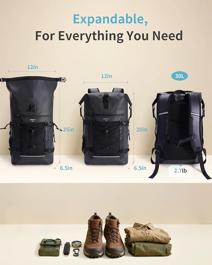 ECOHUB Waterproof Backpack for Women Men, 30L Roll-Top Closure Heavy Duty Dry Bag for Travel with IPX8 Waterproof Phone Case - Image 4