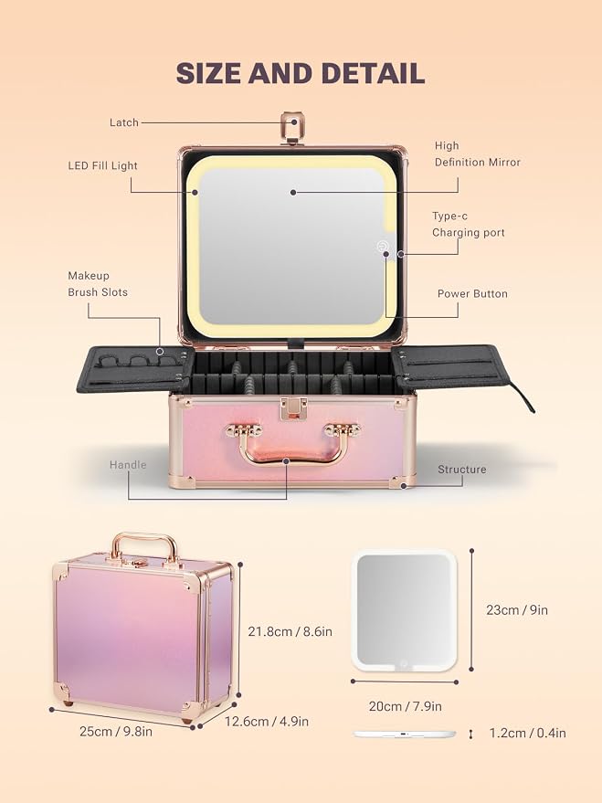 Qislee Makeup Box with Detachable Magnetic LED Mirror, Travel Train Case | Makeup Organizer, Cosmetic Travel Bag for Women, Adjustable Dividers, Brush Slots, Skincare Storage, Sparkling Gradient Pink - Image 3