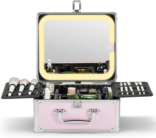 Qislee Makeup Box with Detachable Magnetic LED Mirror, Travel Train Case | Makeup Organizer, Cosmetic Travel Bag for Women, Adjustable Dividers, Brush Slots, Skincare Storage, Portable, Icy Pink by Qislee