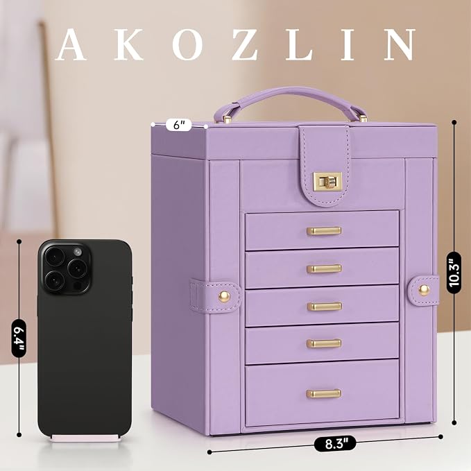 AKOZLIN 6-Tier Jewelry Box Organizer Functional 5 Drawers Leather Jewelry Storage Case for Women Girls Ring Necklace Earring Bracelet Holder Organizer with Mirror Purple Regular - Image 3