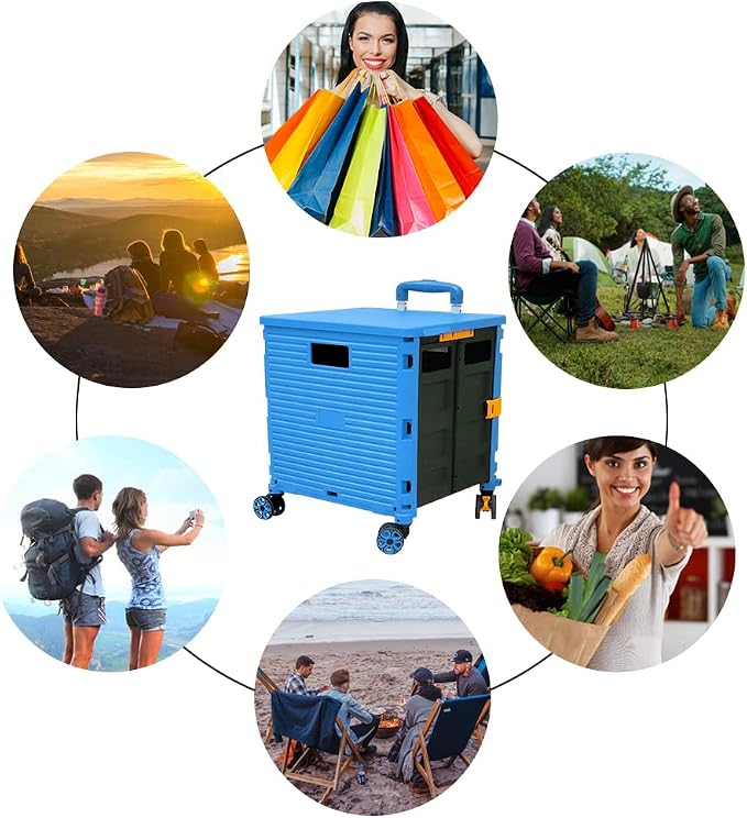 FELICON SELORSS Foldable Utility Cart Portable Rolling Crate-Light Blue | Durable,Heavy Duty,Plastic Box,Telescoping Handle,4 Rotate Wheels,Collapsible Handcart for Travel Shop Move Luggage Office - Image 6