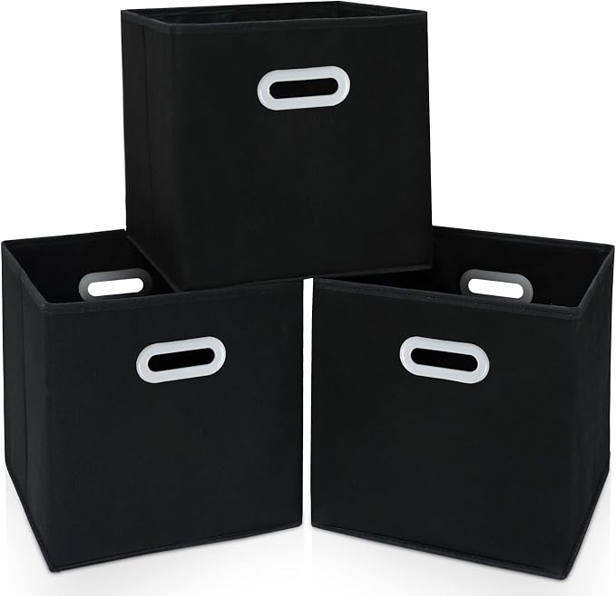 Fabric Cloth Storage Bins,Cube Organizer with Dual Handles Foldable Baskets for Home Bedroom,Set of 3, Black by SEVENDOME