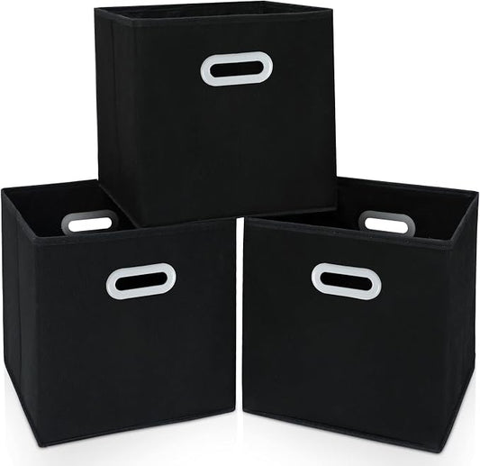 Fabric Cloth Storage Bins,Cube Organizer with Dual Handles Foldable Baskets for Home Bedroom,Set of 3, Black by SEVENDOME