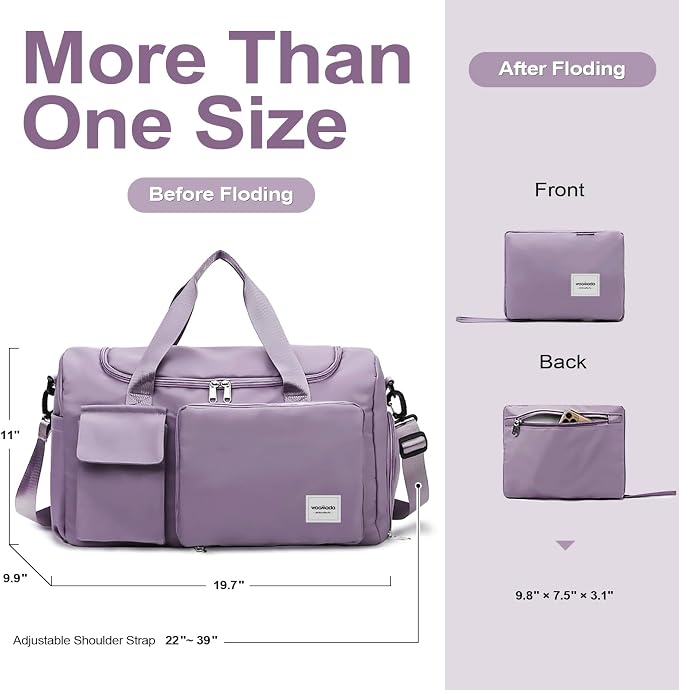 WOOMADA Foldable Travel Duffel Bag with Shoes Compartment, Overnight Bag with Wet Pocket & Trolley Sleeve, Weekender Bags for Women(A-grayish purple) - Image 2
