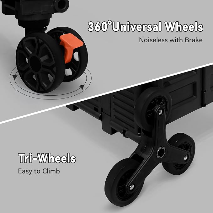 Foldable Utility Cart Portable Crate Rolling Dolly with Telescopic Handle,Can be Pulled diagonally, Magnetic Retractable Lid, 360°Swivel Climbing Wheels for Shopping Carrying Groceries Move Black - Image 4