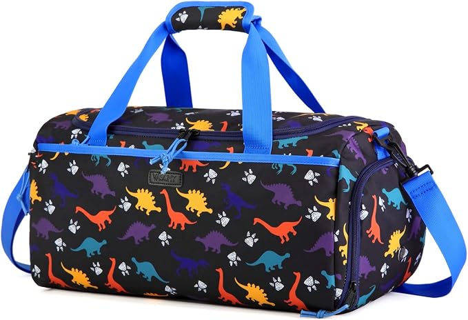Kids Duffle Bag,VASCHY Travel Bag for Boys Water Resistant Overnight Duffle Gym Sport Dance Bags with Shoes Compartment Dry and Wet Pocket Carry On Weekender Bag Blue Dinosaur by Vaschy