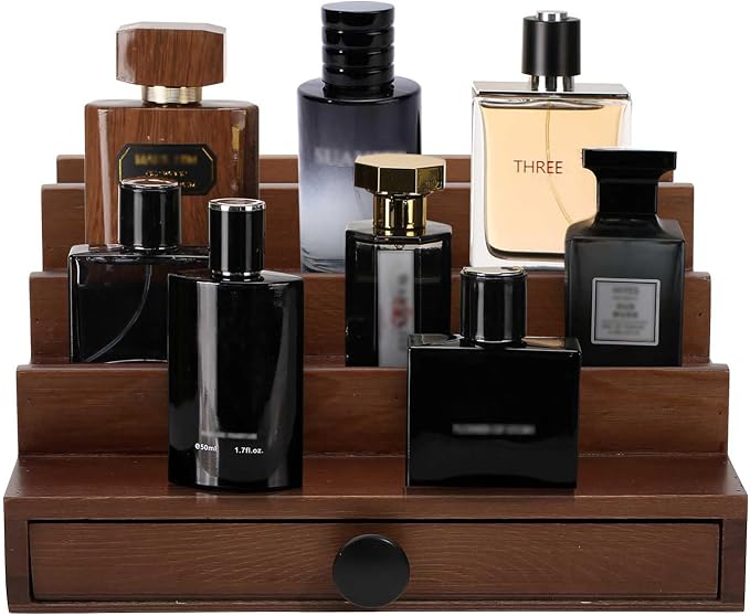 4 Tier Men's Cologne Organizer, Walnut Brown Wood Display Stand with Drawer | Tiered Cologne Shelf, Display Rack and Tray, Drawer Storage, Countertop Dresser Organizer, Mens Room Decor, Gift for Him - Image 6