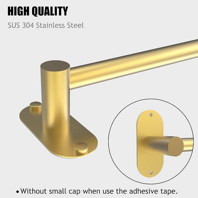 Towel Bar, Adjustable 14.4inch - 25.2inch Towel Rack, Self Adhesive & Wall Mounted for Bathroom Kitchen Hand Towel Holder Cloths Hanger SUS 304 Stainless Steel Single Bar (3, Gold) - Image 4