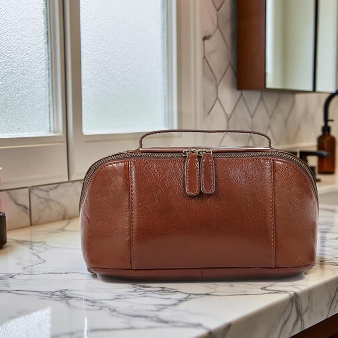 KomalC Luxury Leather Men’s Toiletry Travel Bag – Handmade Shaving Kit with Waterproof Interior, Spacious Storage & Carry Handle – leather travel Kit Bag for Men & Women (Wine) - Image 4